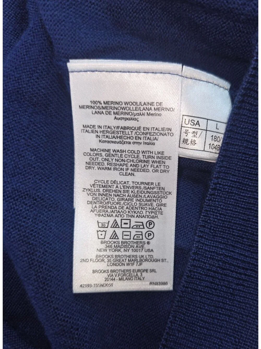 Brooks Brothers Brookstech Merino V-Neck Navy Sweater Large